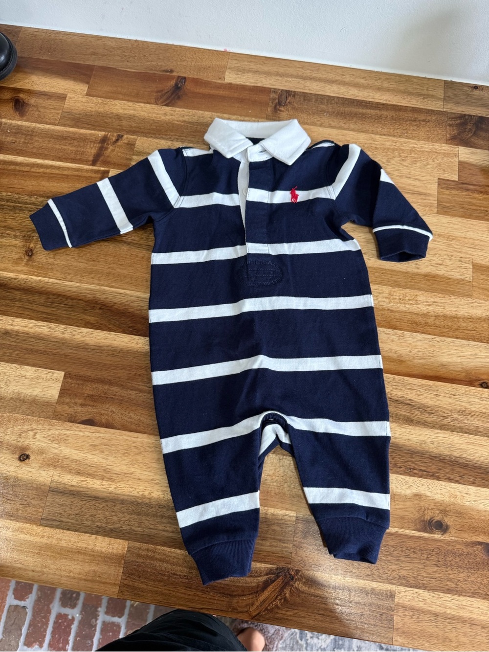 Ralph Lauren Navy & White Striped Polo Footie with Red Polo Logo